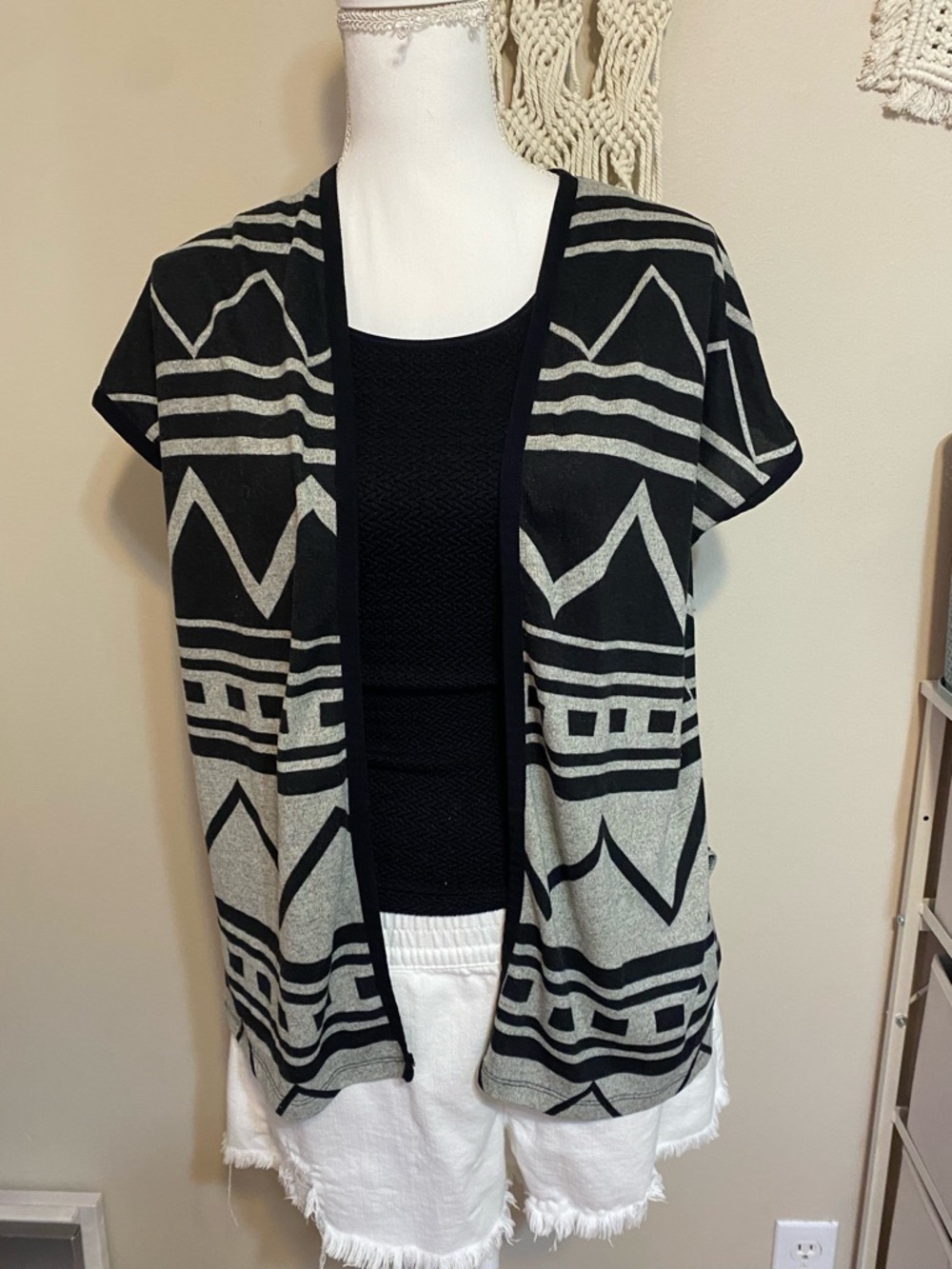 Say What? Black and Gray Geometric Open Front Cardigan